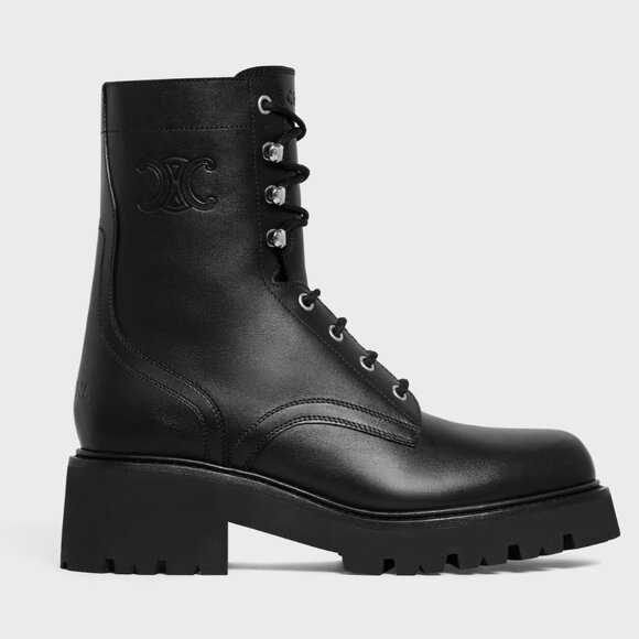 New Black Leather Triomphe  Lace Up Platform Motorcycle Ankle Boots - Picture 1 of 5